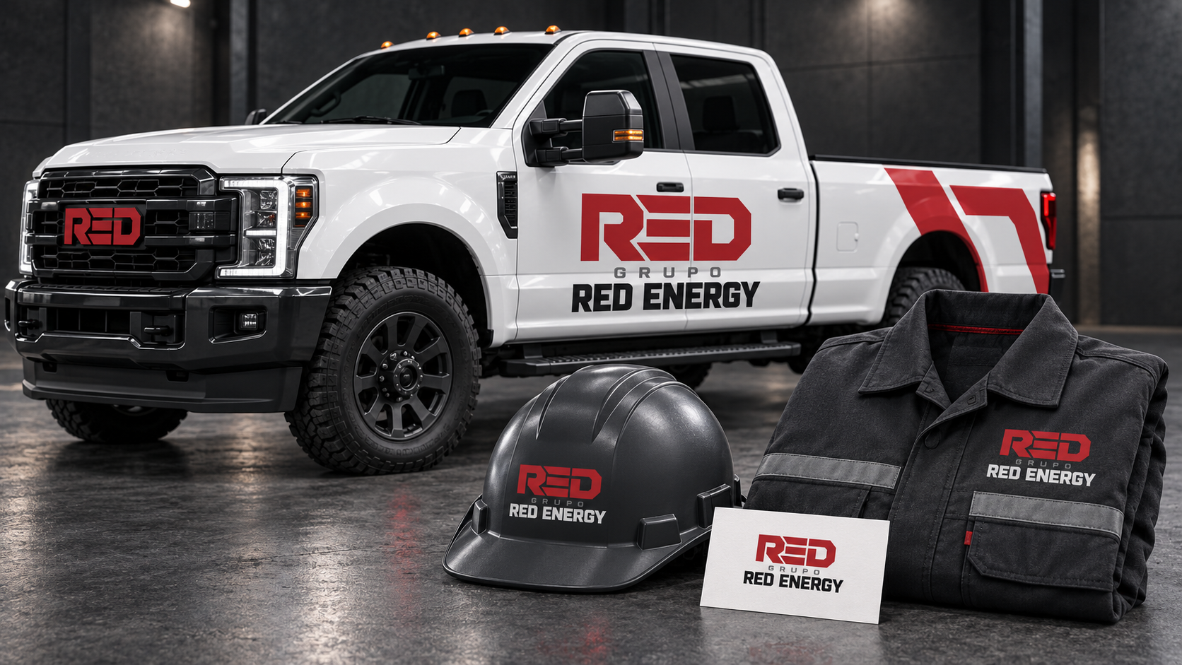 Aplicaciones operativas de Grupo RED Energy en vehículo, casco y uniforme